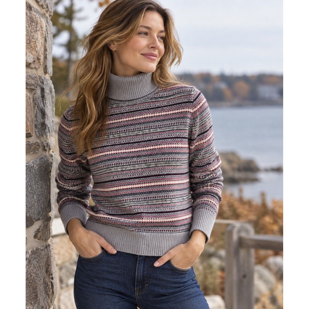 LL Bean Womens Grey Fair Isle Cotton Cashmere Turtleneck Sweater Small 503413